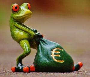 Frosch mit einem schweren Sack voll Geld