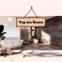 Schild mit der Aufschrift Tag des Bades vor einem Beispielbadezimmer