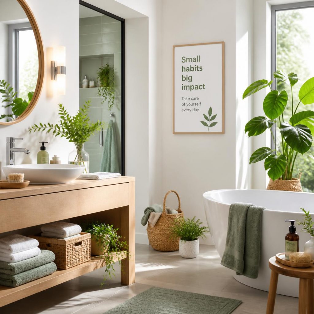 Das Bad als Wellnessoase für die Körperpflege und als Ort der Entspannung.
Hier im Bild ein Bad mit viel Holz und Pflanzen.